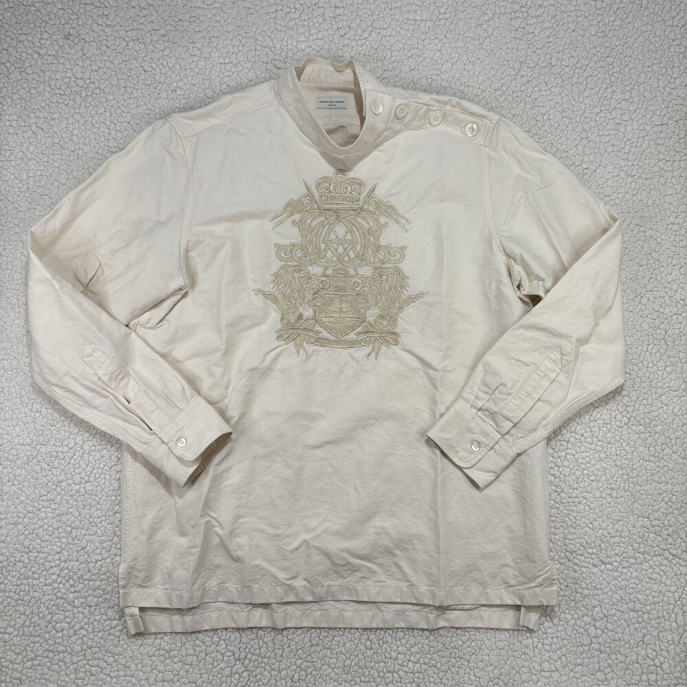 Dries van Noten Cream Cotton Linen‎ Embroidered Shirt Crest Nehru Collar Size 44